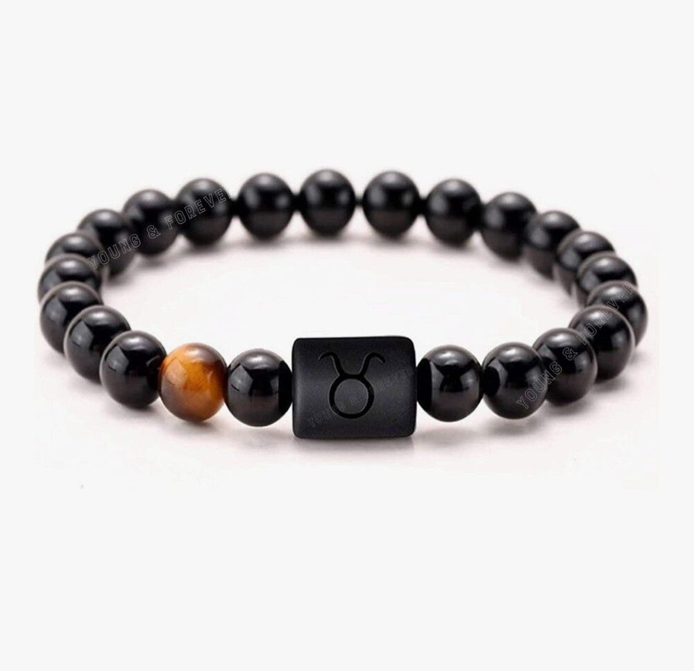 Unisex Zodiac Taurus Onyx Beaded Stretch Bracelet - Earth Element - Healing